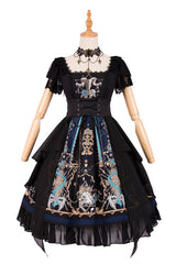Black God's Salvation Square Collar Short Sleeves Lace Ruffled Gothic Lolita OP Dress - Product - 2