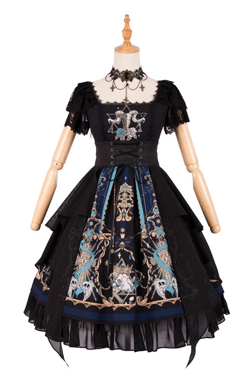 Black God's Salvation Square Collar Short Sleeves Lace Ruffled Gothic Lolita OP Dress - Product - 2