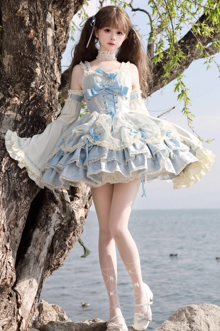 Blue/Apricot Sleeveless Multi-layer Ruffle Bowknot Lace-Up Sweet Princess Lolita Jsk Dress - Blue/Apricot - 1