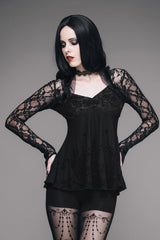 Black Sexy V Neck Mesh Long Sleeves Rose Lace Bottoming Women Gothic T-Shirt - Product - 3