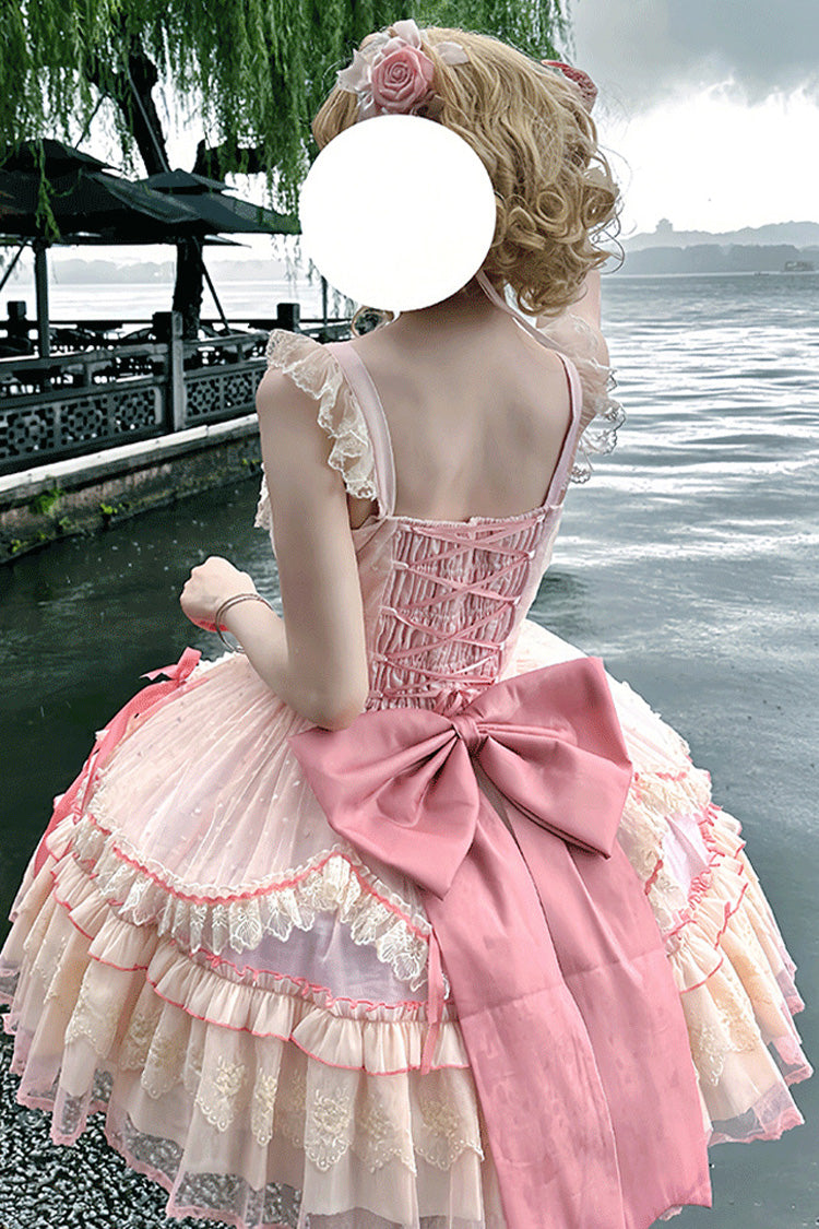 Pink [Candy House] Sleeveless Ruffle Bowknot Lace Lace-Up Sweet Lolita Jsk Dress - Product - 9