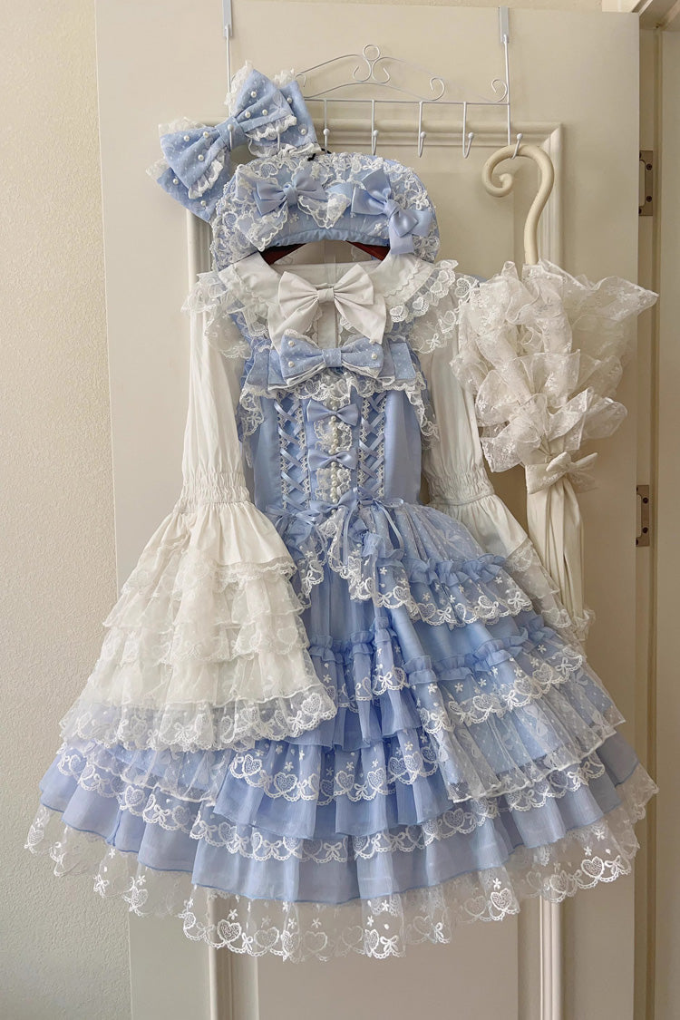 Blue [Love Overture] Multi-Layered Ruffle Bowknot Lace Sweet Lolita Jsk Dress - Product - 3