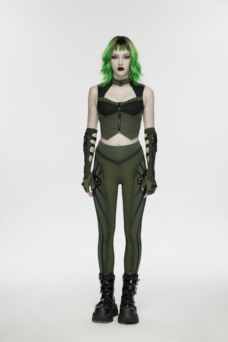 Black/Green Slim Women's Armor-Accentuated Paneled Punk Leggings - Product - 9