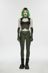 Black/Green Slim Women's Armor-Accentuated Paneled Punk Leggings - Product - 9