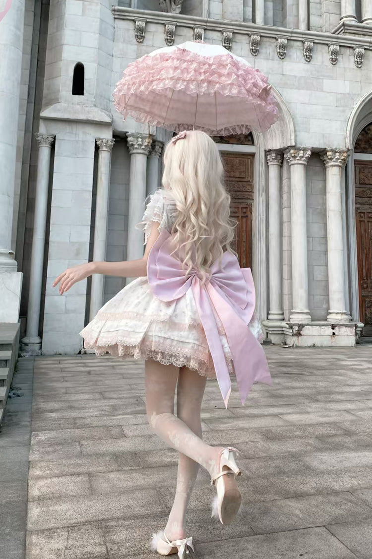 Pink [First Love Rose] Multi-Layered Print Ruffle Bowknot Lace Sweet Lolita Jsk Dress Set - Product - 8