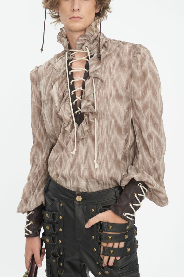 Brown Ruffle Stand Collar Print Lace-Up Men's Gothic Blouse - Brown - 1