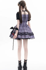 Purple [Witch Time] Short Puff Sleeves Plaid Print Bowknot Lace Sweet Lolita Dress - Product - 10