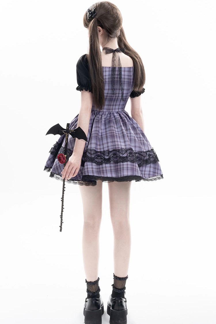 Purple [Witch Time] Short Puff Sleeves Plaid Print Bowknot Lace Sweet Lolita Dress - Product - 10