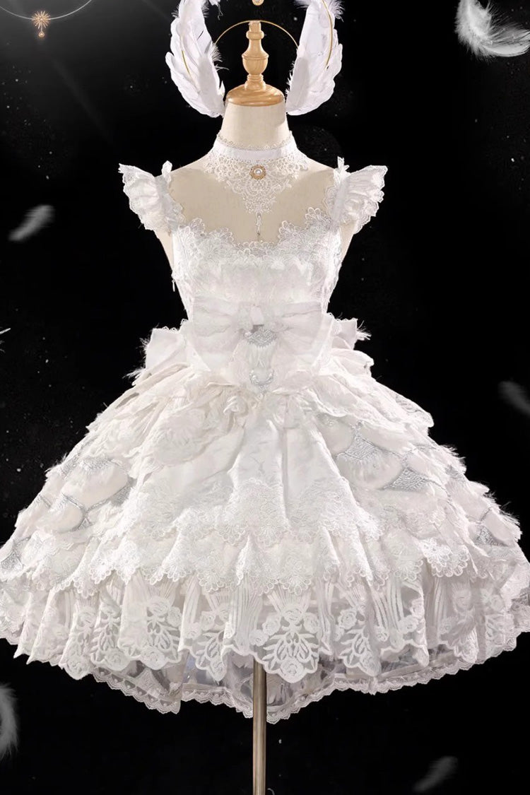 White [Peacock Feather] Multi-Layered Ruffle Hanayome Cardigan Bowknot Lace Sweet Lolita Jsk Dress Set - Product - 3