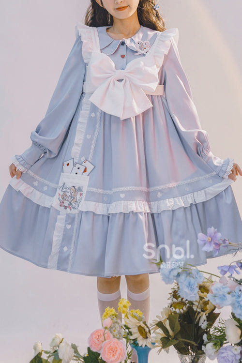 Blue Doll Collar Single Breasted Princess Sleeves High Waist Magic Playing Cards Sweet Lolita OP Dress - Blue - 1