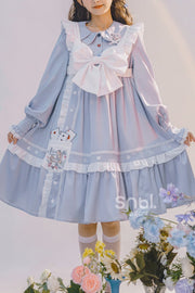 Blauwe poppenkraag met enkele rij knopen, prinsessenmouwen, hoge taille, magische speelkaarten, zoet (alleen jurk) vooraanzicht