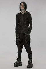 Black Punk Knitted Print Splicing Concave And Convex Webbing Decoration Long Sleeve Men's T-Shirt - Product - 4