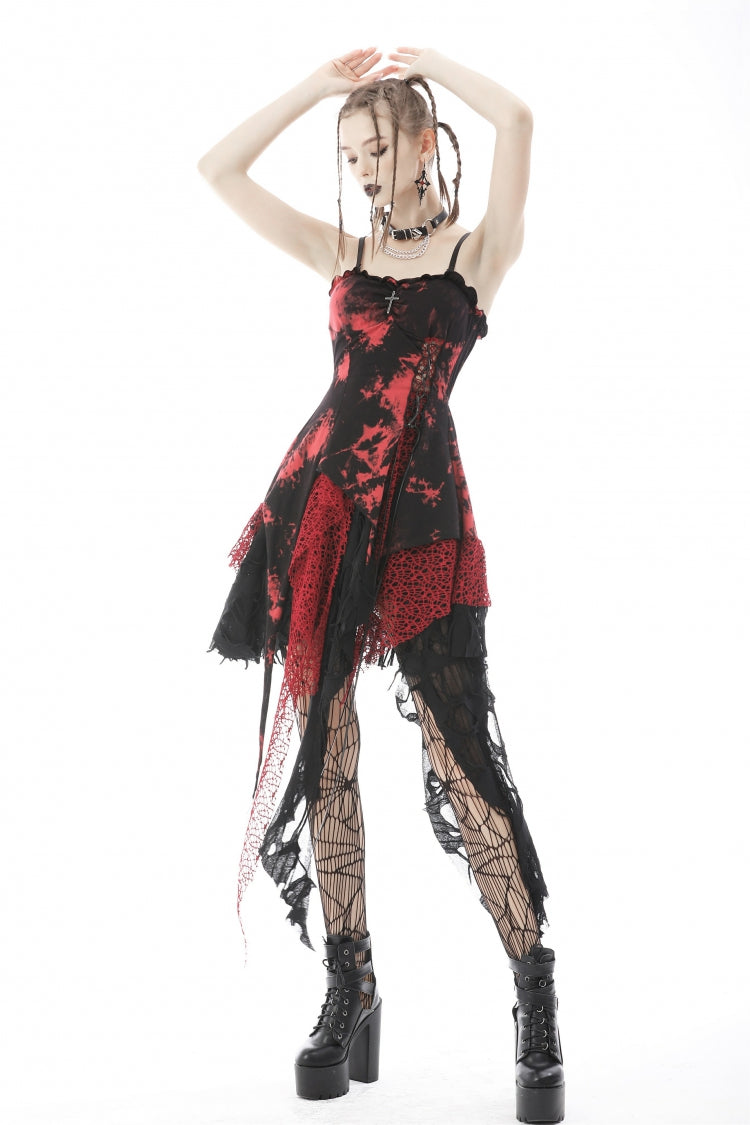Black/Red Irregular Tie-dyed Patchwork Women's Punk Slip Dress - Product - 9