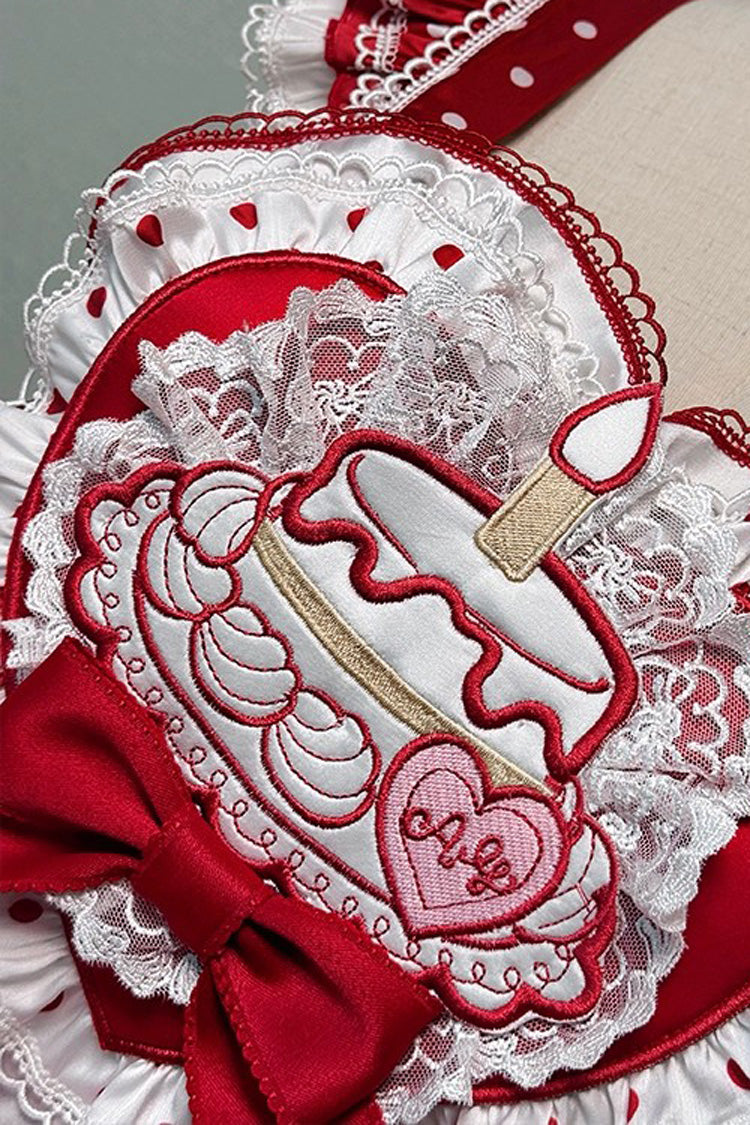Red/White [Twin Bears] Birthday Cake Sleeveless Print Ruffle Bowknot Lace Sweet Lolita Big Flower Bud Dress - Product - 6