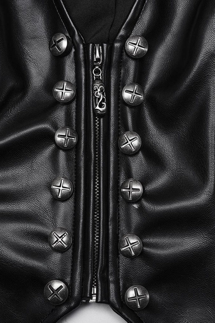 Black Faux Leather V Collar Sleeveless Lace-Up Zipper Women's Punk Vest - Product - 5