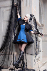 Black/Blue [Night Liana] Ruffle Bowknot Lace-Up Sweet Japanese Lolita Jumper Dress Set - Product - 6