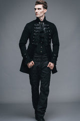Black Fake Two Pieces Embroidered Turn Down Collar Long Sleeves Velvet Mens Gothic Coat - Product - 7