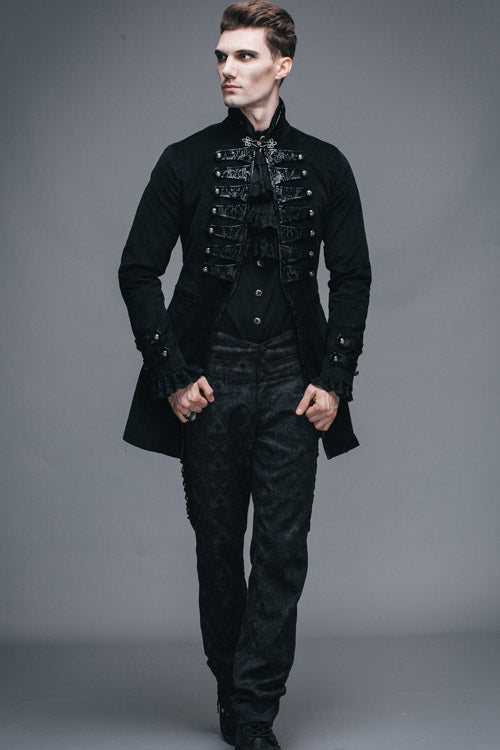 Black Fake Two Pieces Embroidered Turn Down Collar Long Sleeves Velvet Mens Gothic Coat - Product - 7