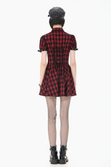 Black/Red Plaid Turn-Down Collar Cut-Out Short Sleeves Lace-Up Women's Punk Retro Mini Dress - Product - 4