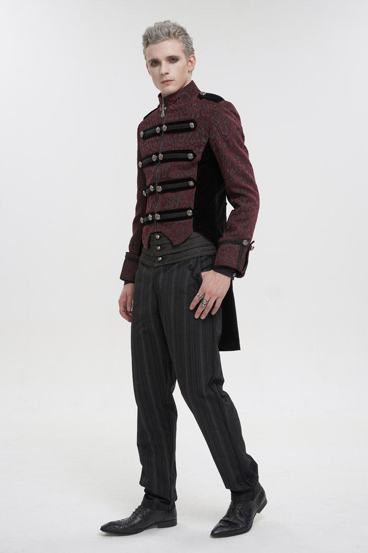 Red Silk Stand Collar Printed Metal Breasted Cross Zipper Back Slit Vintage Men's Gothic Jacket - Product - 5
