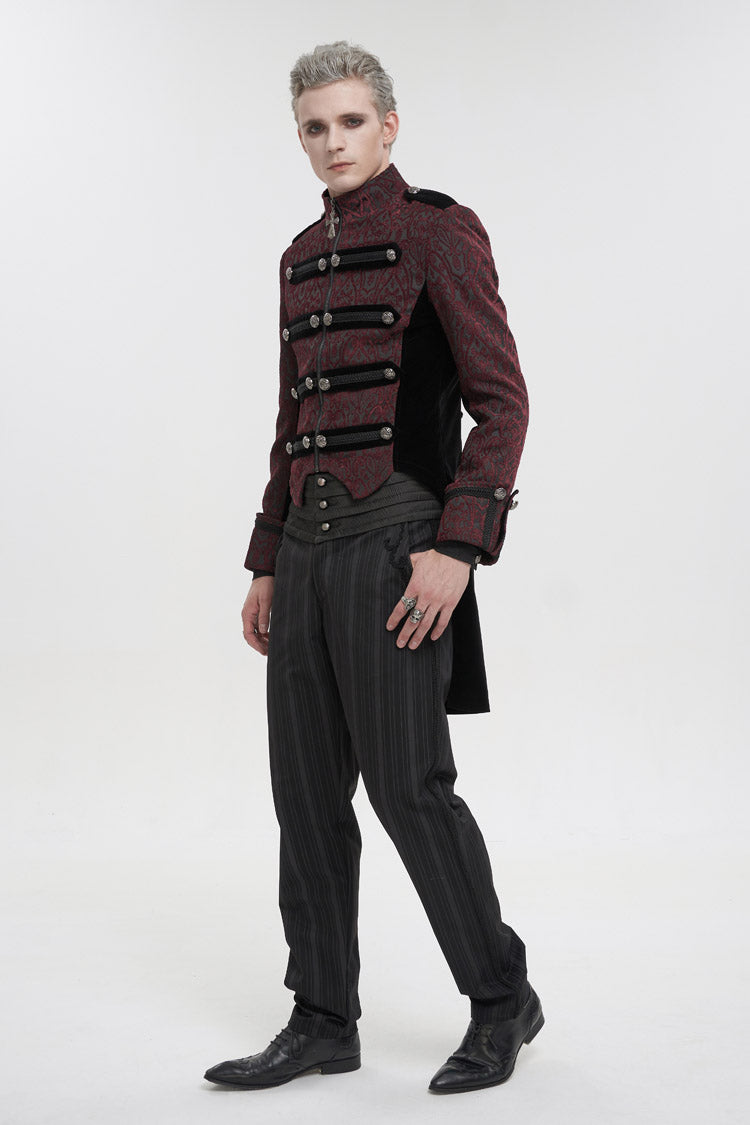 Red Silk Stand Collar Printed Metal Breasted Cross Zipper Back Slit Vintage Men's Gothic Jacket - Product - 5