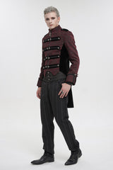 Red Silk Stand Collar Printed Metal Breasted Cross Zipper Back Slit Vintage Men's Gothic Jacket - Product - 5