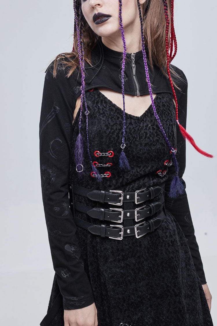 Black Bone Printed Strappy Zipper Women's Gothic Cape - Black - 1