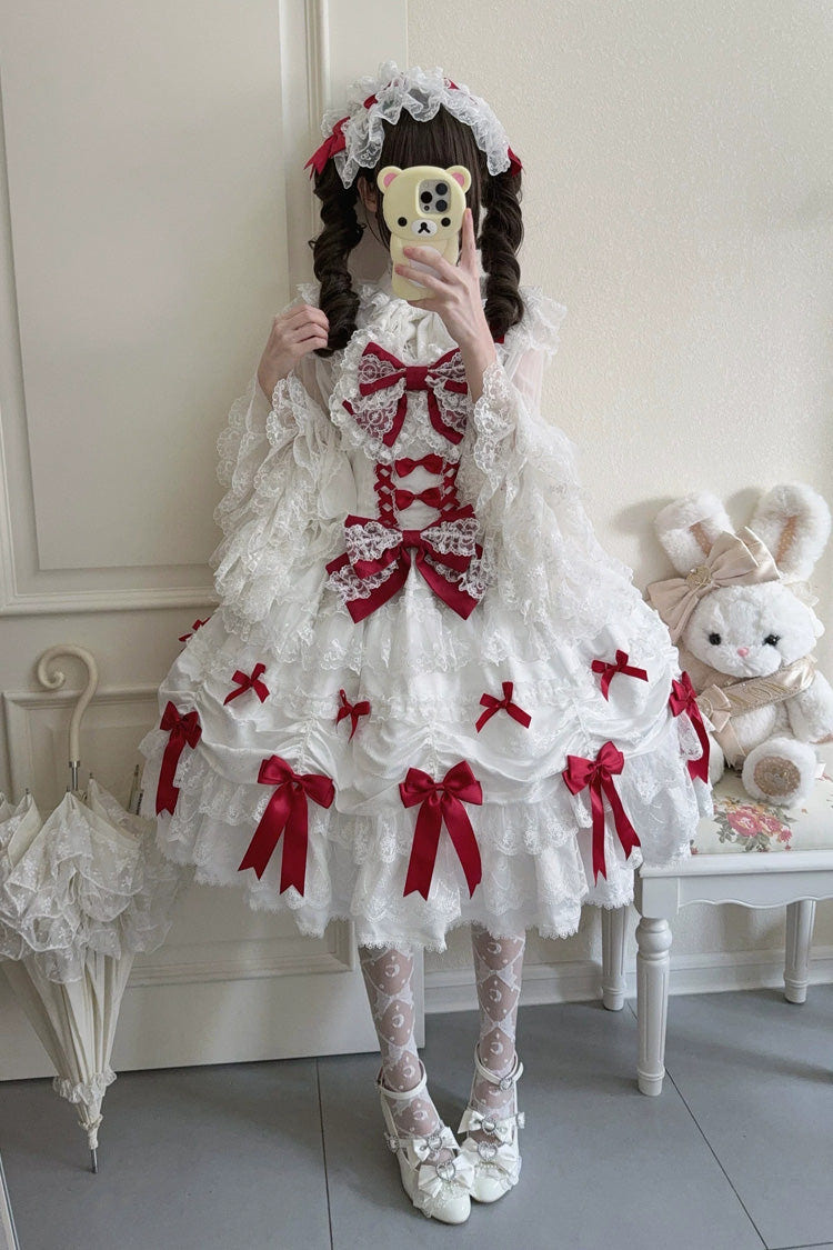 White/Red [Silk Satin Gift Box] Square Collar Sleeveless Multi-Layered Ruffled Bow Lace Sweet Lolita Jsk Dress - Product - 4