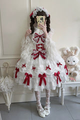 White/Red [Silk Satin Gift Box] Square Collar Sleeveless Multi-Layered Ruffled Bow Lace Sweet Lolita Jsk Dress - Product - 4