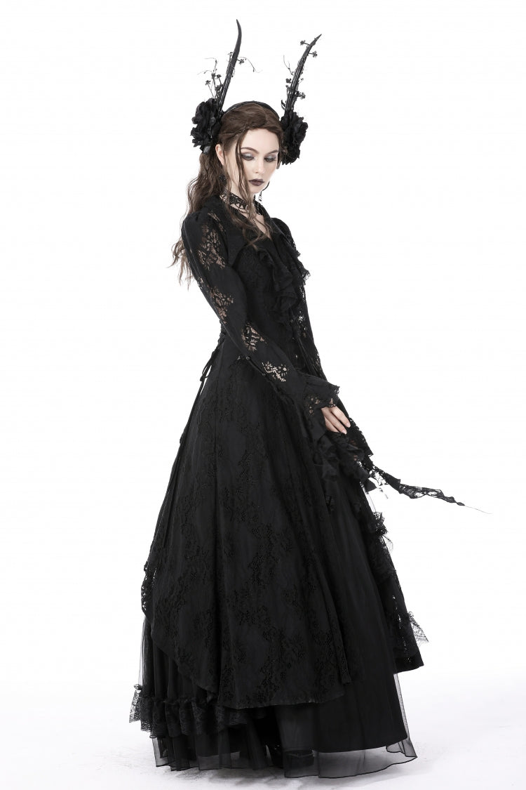Black Lapel Collar Long Sleeves Ruffled Irregular Lace Lace-Up Women's Gothic Jacket Dress - Product - 10