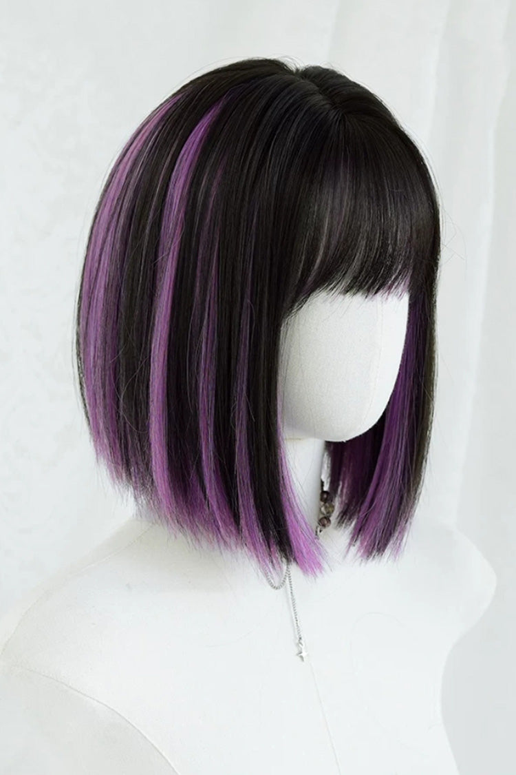 Y2K Black Base Purple Face Framing Highlights Straight Bob Sweet Lolita Wig with Blunt Bangs - Product - 5