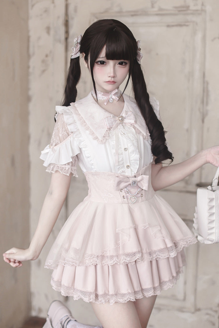 White/Pink [Dreamy Love Ballad] Lapel Collar Short Sleeves Double-Layered Ruffled Cut-Out Bow Gothic Japanese Jirai Kei Skirt Set - White/Pink(Set) - 1