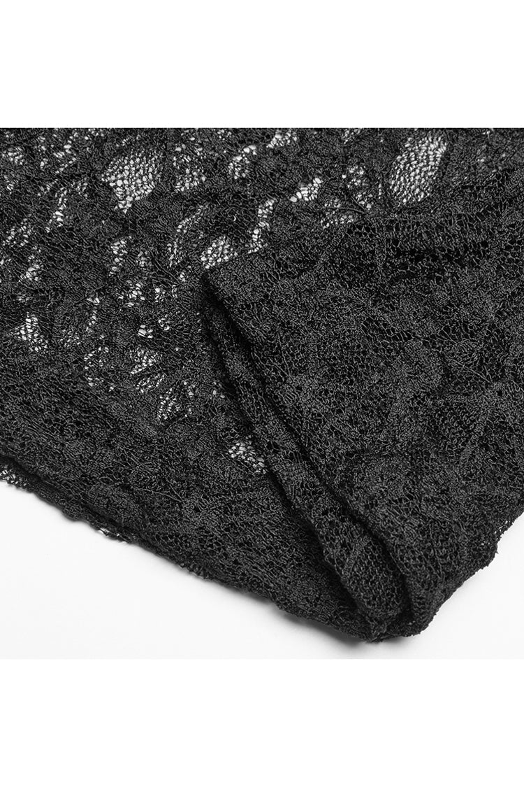 Black Long Sleeves One-Word Collar Transparent Lace Women's Gothic T-Shirt - Product - 8