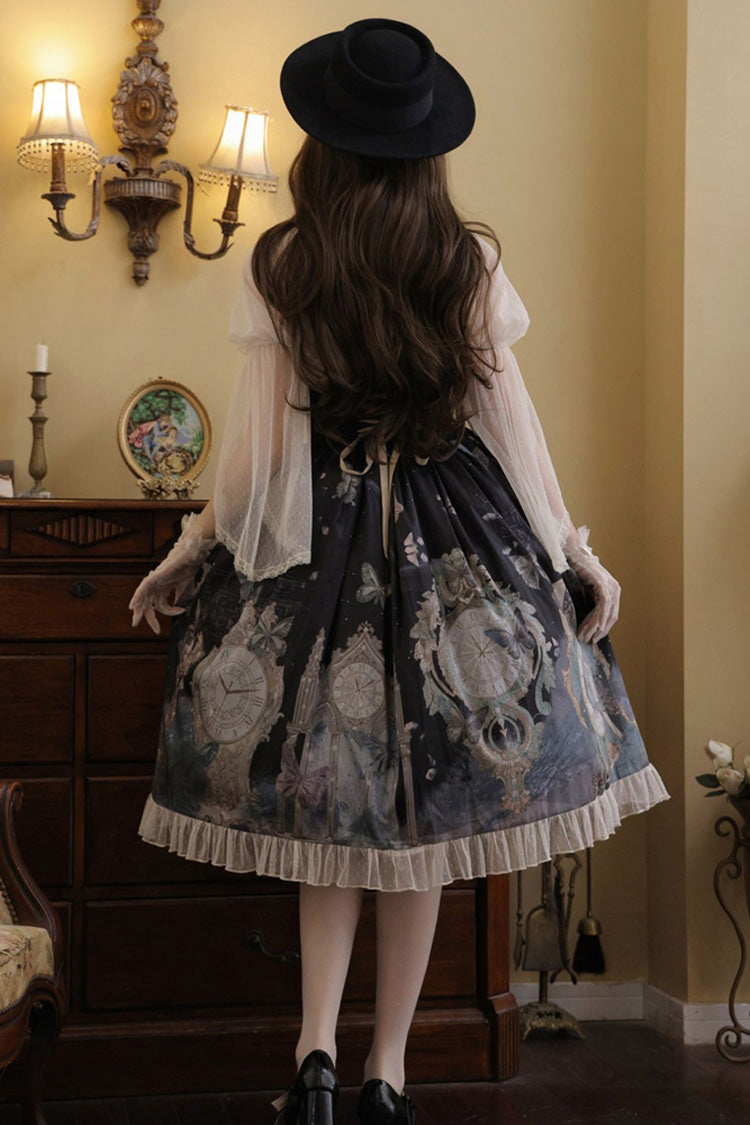 Multi-Color Cardigan Lace Ruffle Clock Butterfly Print Classic Lolita Skirt Set - Product - 5
