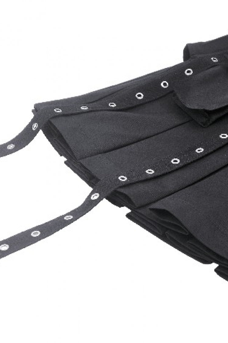 Black Women's Punk Buckled Eyelet Multi-Pockets Pleated Mini Skirt - Product - 16