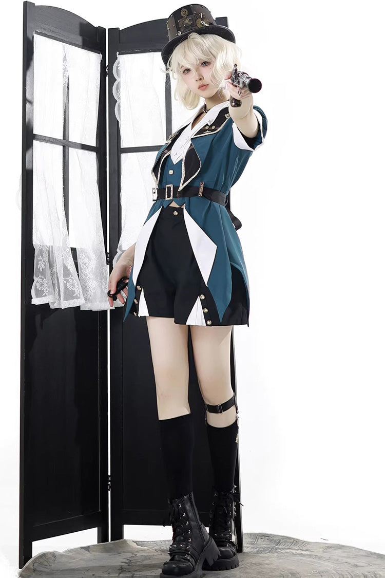 Black/Green [Anlexia Bookstore] Square Collar Short Sleeves Embroidered Studded Gothic College Style Prince Handsome Ouji Lolita Set - Product - 8