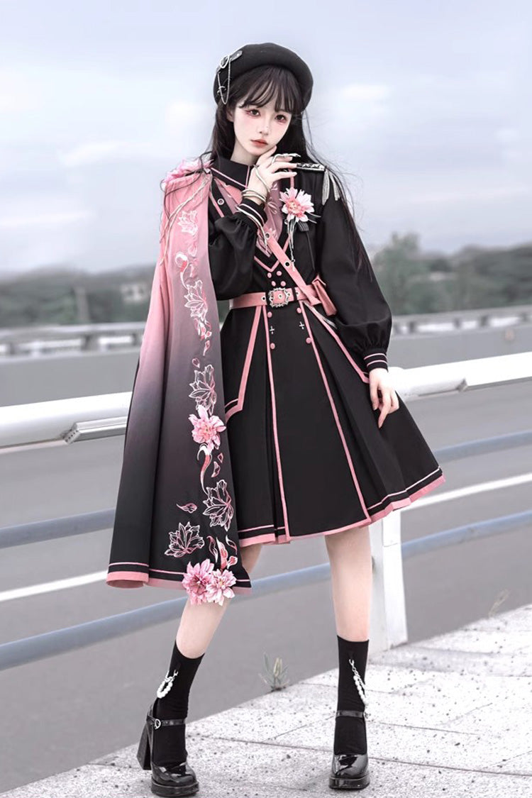 Black/Pink Long Sleeves Ruffle Gothic Military Elegant Princess Lolita Dress - Product - 5