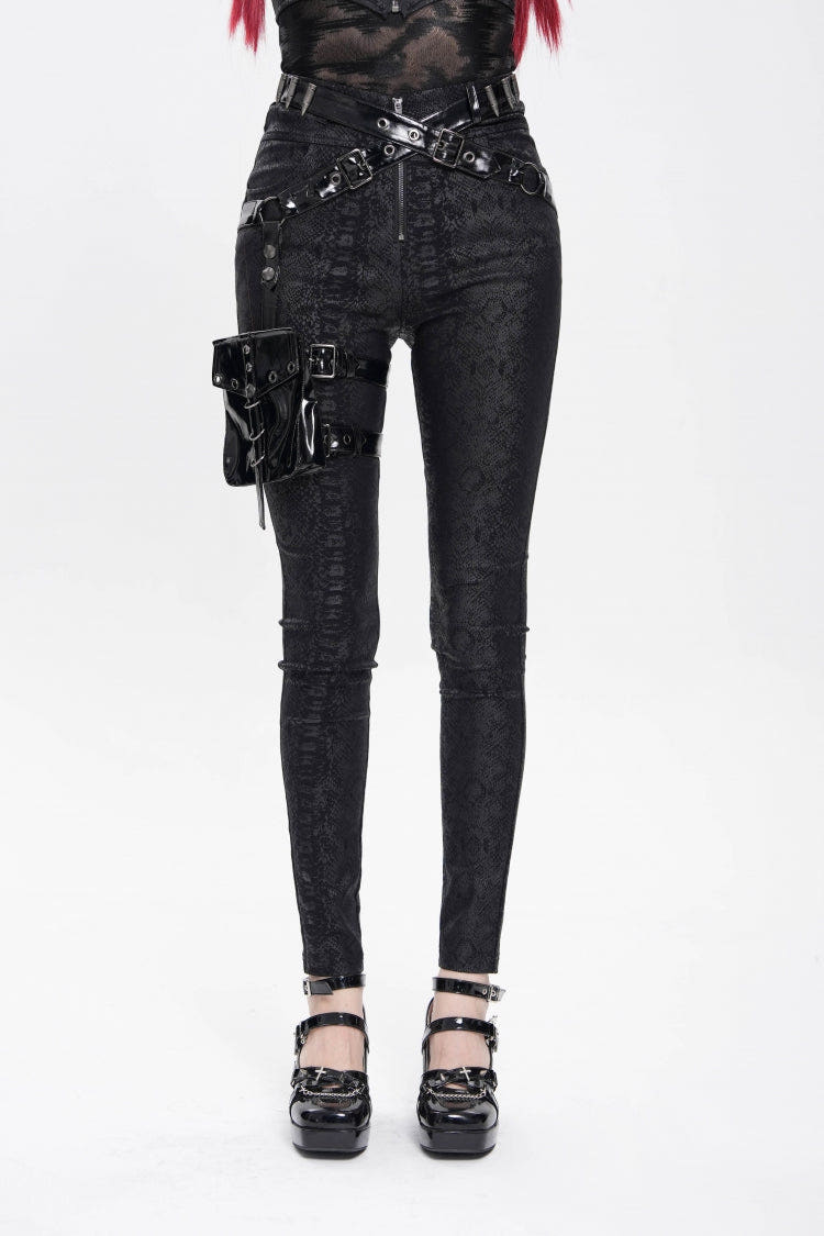 Black Print Buckle Straps Women's Punk Pants with Leg Bag - Black - 1