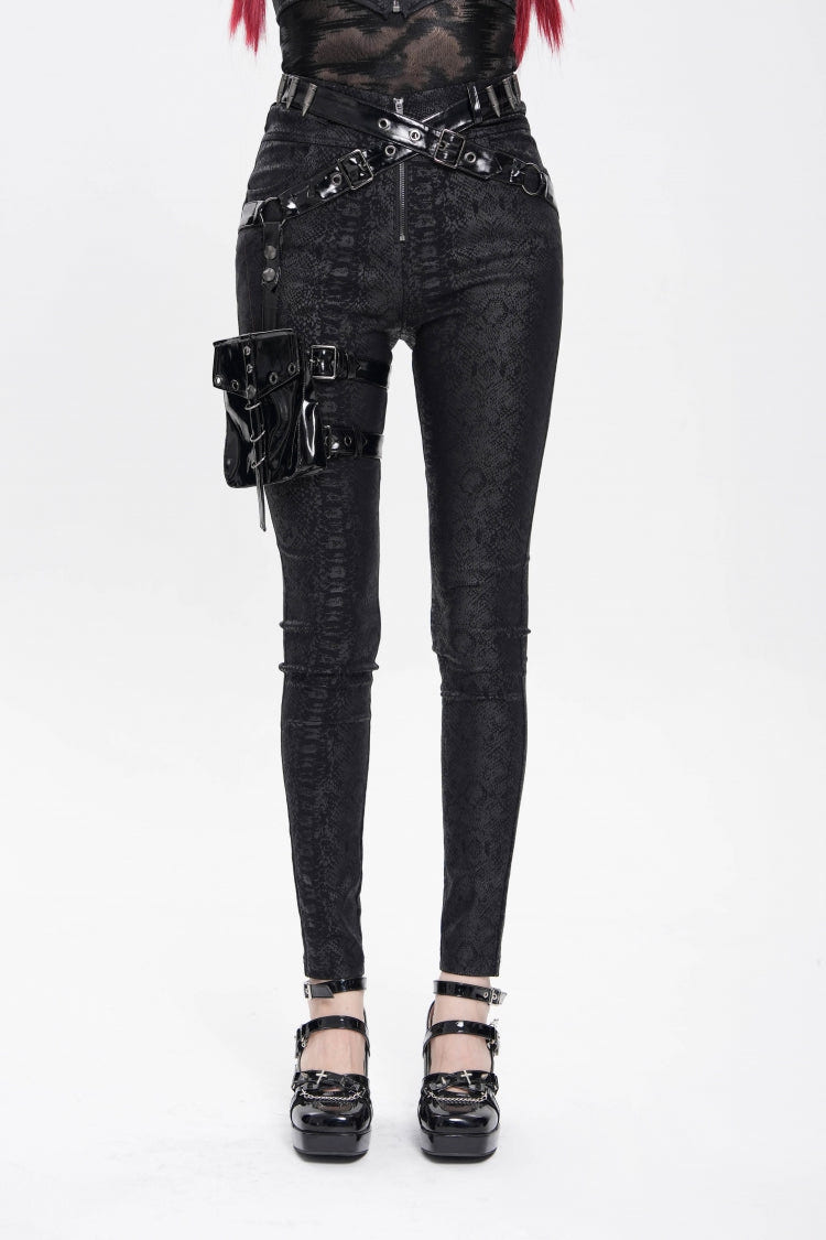 Black Print Buckle Straps Women's Punk Pants with Leg Bag - Black - 1