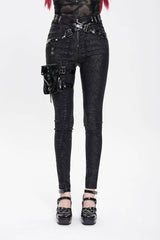Black Print Buckle Straps Women's Punk Pants with Leg Bag - Black - 1