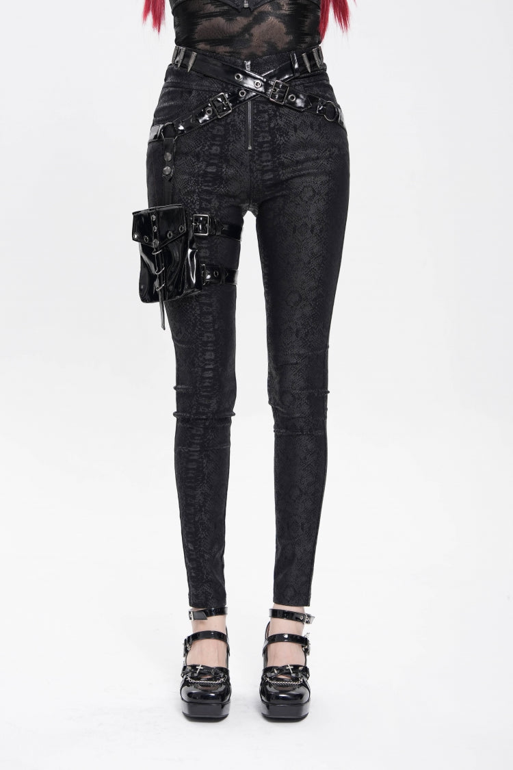 Black Print Buckle Straps Women's Punk Pants with Leg Bag - Black - 1