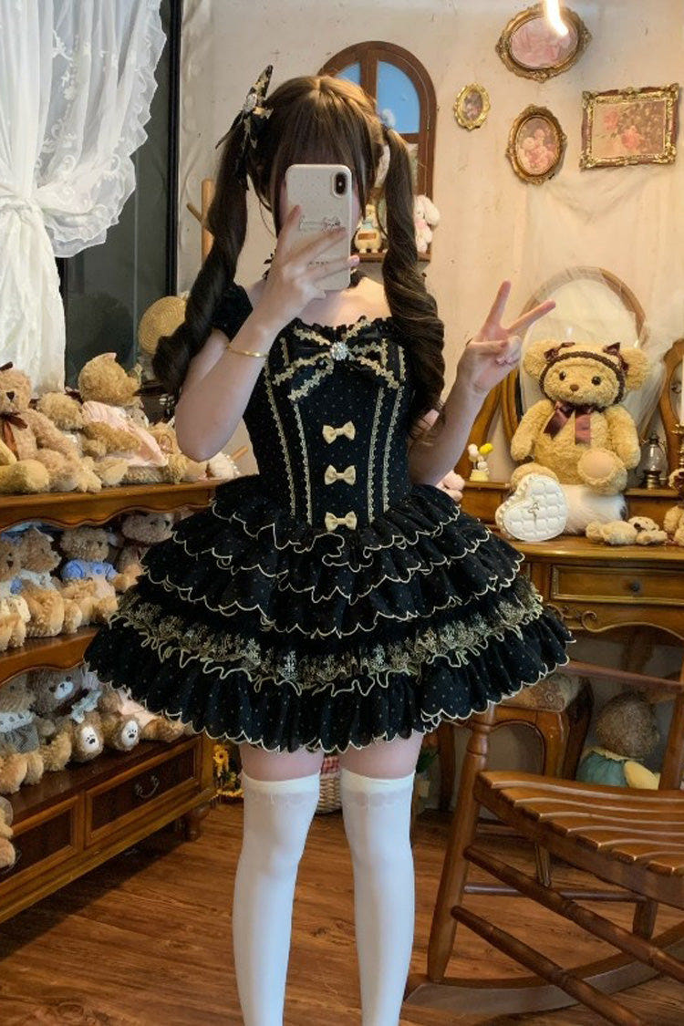 Black Sleeveless Multi-Layered Polka Dots Printed Ruffled Bow Sweet Princess Lolita Jsk Dress - Black - 1