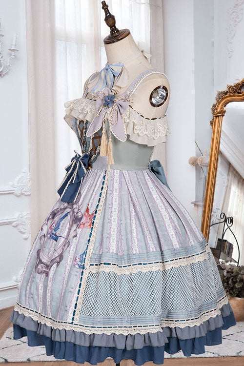Light Blue Vintage Finches In The Mirror Print Country Style Bowknot Multi-Layer Ruffled Classic Lolita JSK Dress - Product - 6