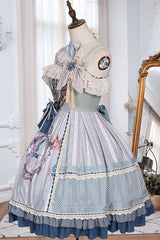 Light Blue Vintage Finches In The Mirror Print Country Style Bowknot Multi-Layer Ruffled Classic Lolita JSK Dress - Product - 6
