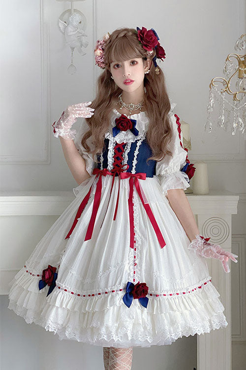 Blue/White Round Collar Bowknot Short Sleeves Multi-Layer Ruffled Sweet Lolita OP Tiered Dress - Product - 3