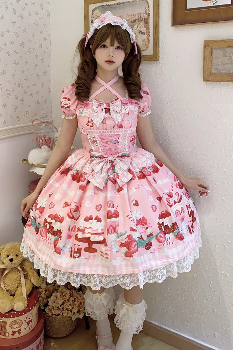 Pink [Strawberry Parfait] Print Short Sleeves Ruffle Bowknot Lace Lace-Up Sweet Lolita Dress - Pink - 1