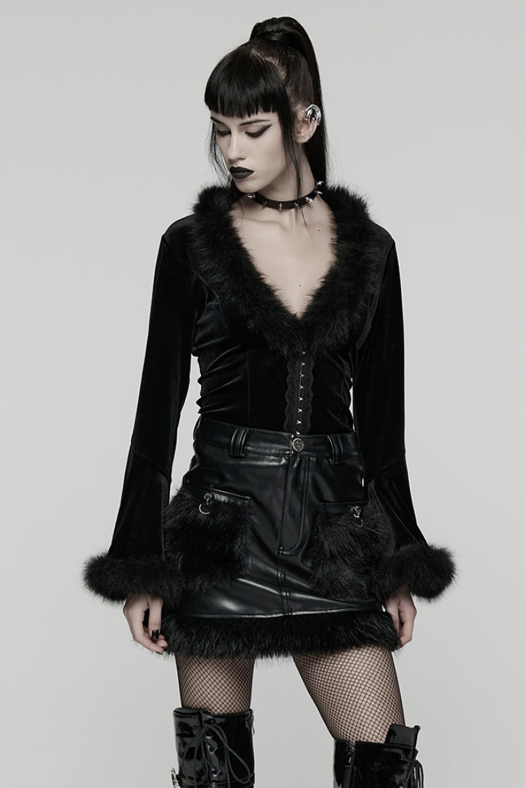 Black V Collar Long Sleeves Faux Fur Spliced Lace-Up Women's Gothic Cardigan - Product - 3