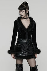 Black V Collar Long Sleeves Faux Fur Spliced Lace-Up Women's Gothic Cardigan - Product - 3