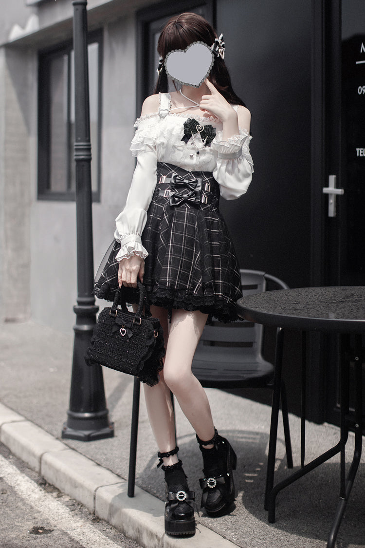 Black Plaid Print Bowknot Sweet Jirai Kei Japanese Skirt - Black - 1
