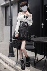 Black Plaid Print Bowknot Sweet Jirai Kei Japanese Skirt - Black - 1